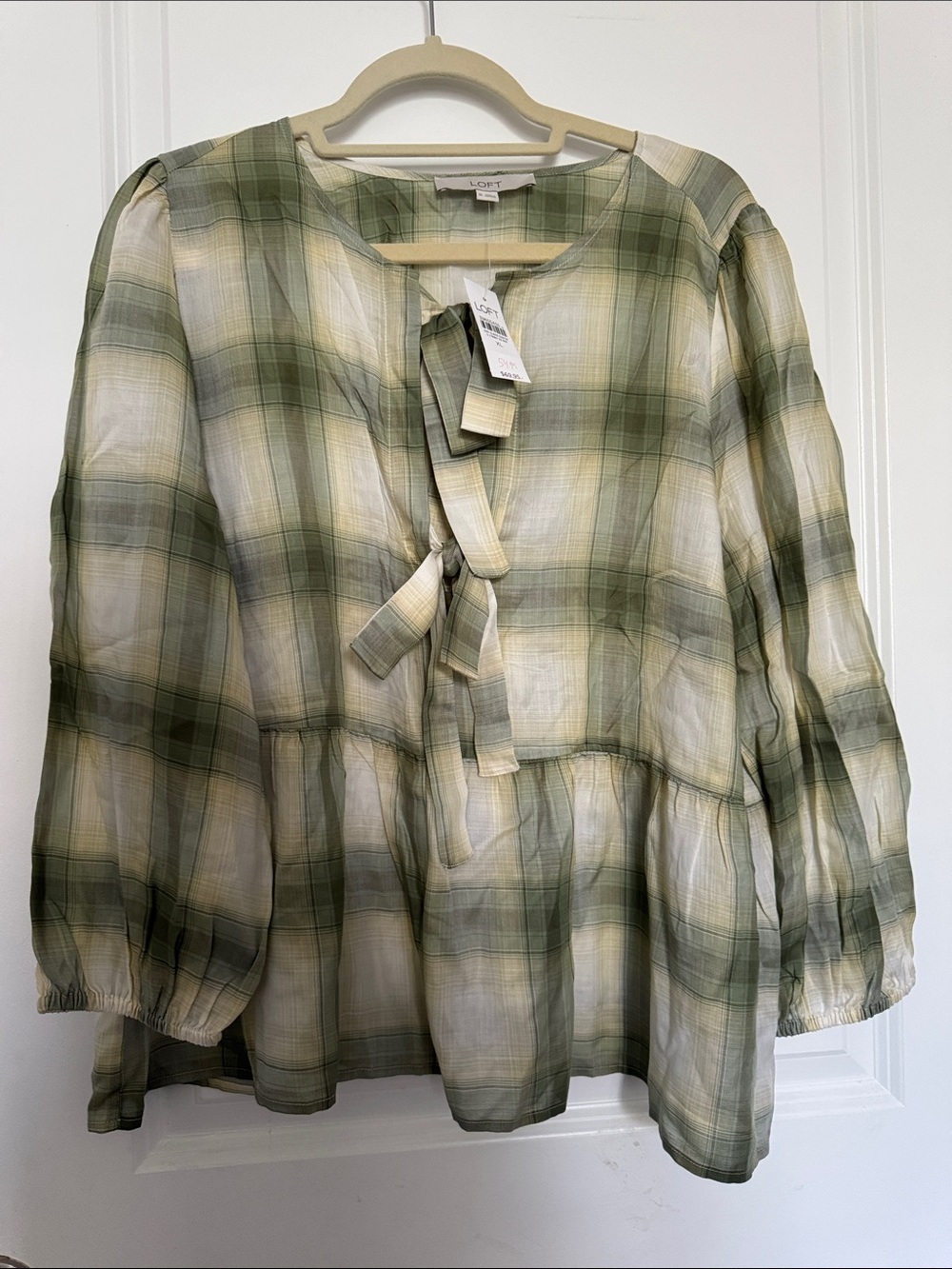 LOFT Olive and Cream Plaid Sheer Tie-Front Blouse
